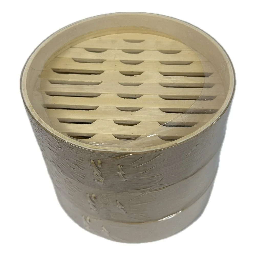 NEW 3 Tier Bamboo Steamer Basket Set with Lid & 2 Ceramic Soy Sauce Bowls in Box